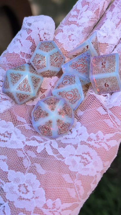 Garden Gate Opalite Gemstone DnD Dice with Copper Font | Fennek & Finch