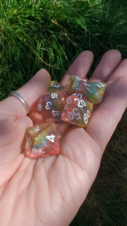 Aurora Sky Dice Set. Rainbow layered resin dice