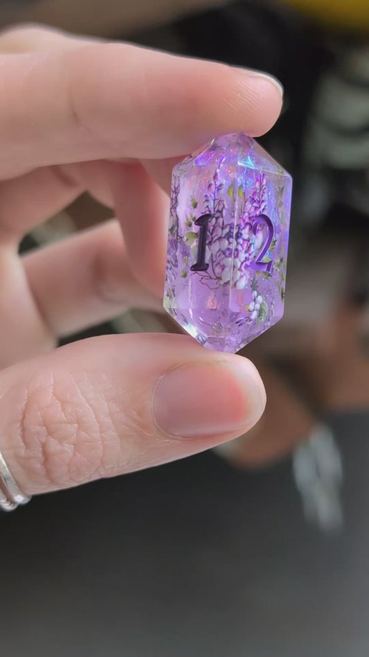 Wisteria Garden Dice Set - Sharp Edge Resin DnD Dice with Bonus Crystal D4