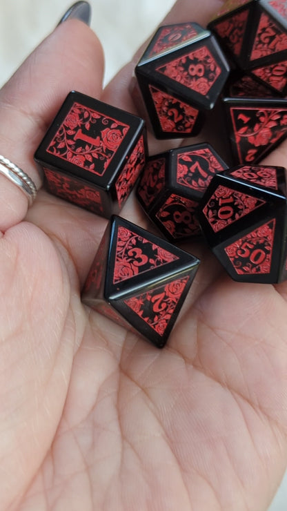 Obsidian Rose Vine Gemstone Dice Set