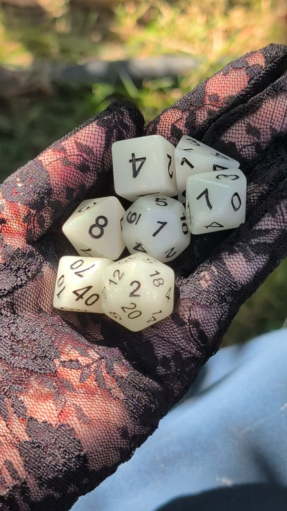 White Shimmer DnD Dice Set - Pearlescent Resin - Ghostlight