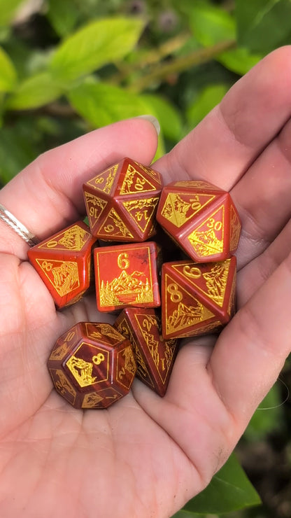 Everwild – Red Jasper Gemstone Dice Set, Forest and Mountain Etched, TTRPG 7 Piece Dice