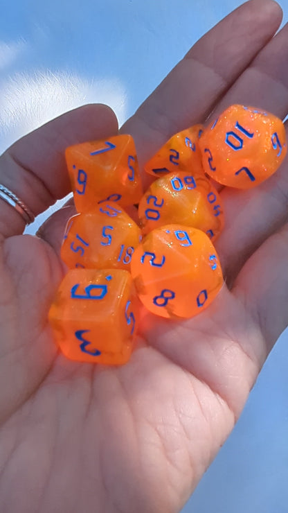 Pumpkin Orange Will O Wisp Dice Set. Glitter TTRPG Dice