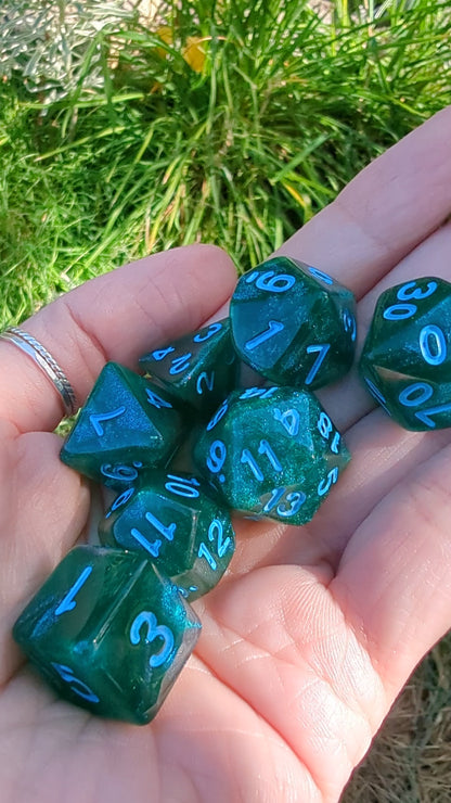 Lake Bottom Dice Set. Sparkly blue and green TTRPG Dice