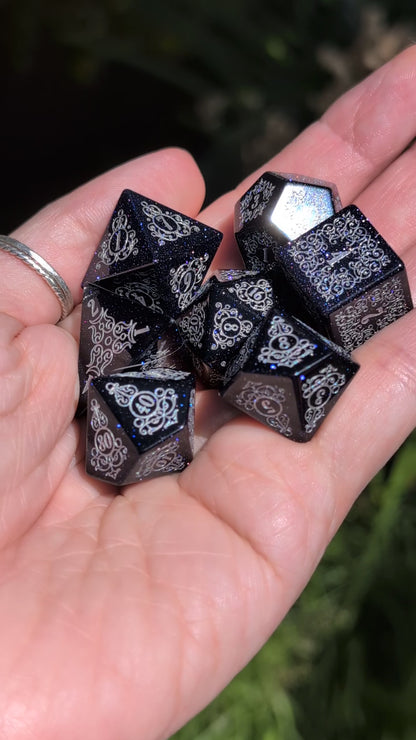 Garden Gate Blue Goldstone Gemstone Dice Set with Silver Font | Fennek & Finch