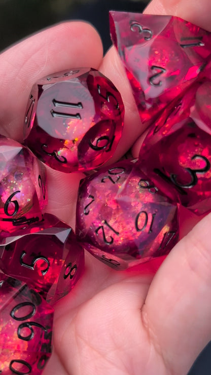 Red Liquid Core DnD Dice Set - Diamond Cut Glitter - Crimson Conjuring