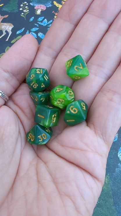 Archer's Mini Dice Set. Pearly green tiny TTRPG Dice