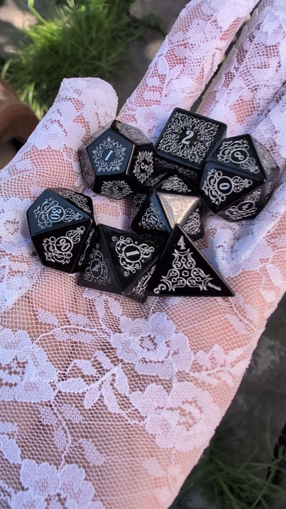 Garden Gate Obsidian Gemstone Dice Set with Silver Font | Fennek & Finch