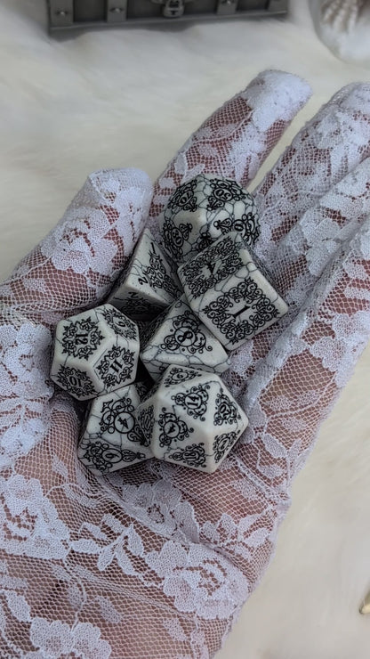 Garden Gate White Howlite Gemstone Dice Set with Black Font | Fennek & Finch