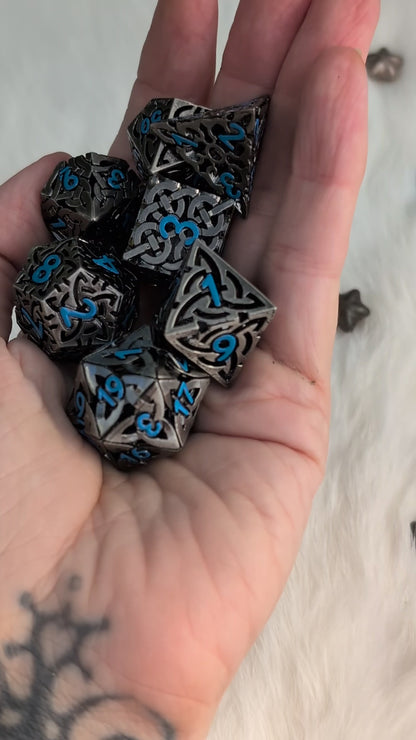 Celtic Knot Hollow Metal Dice Set, Dark Nickel with Blue Numbers