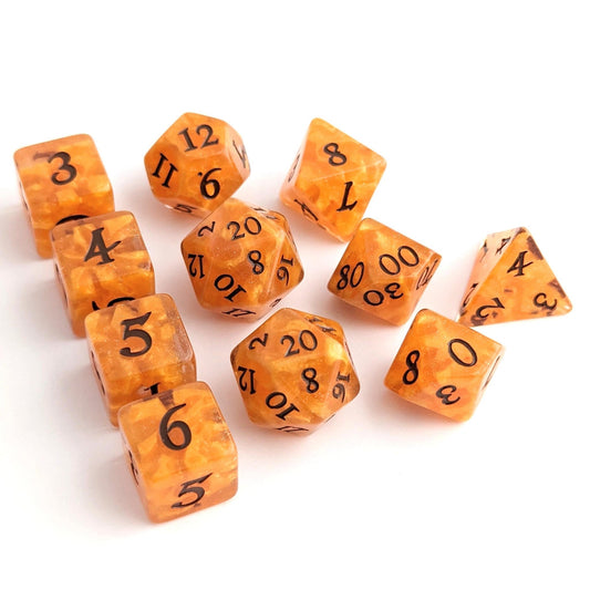 Pumpkin Dice Set – 11 - Piece Orange Shimmer DnD Dice with Extra D20 & D6s | Fennek & Finch - Fennek and Finch