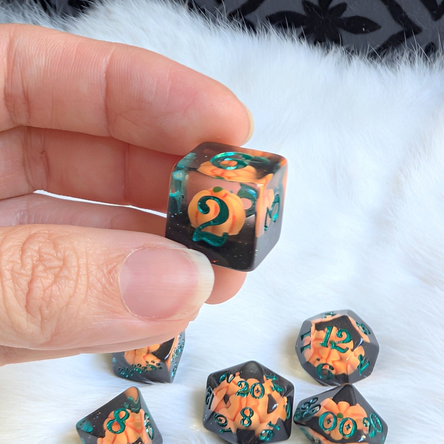 Pumpkin Inclusion DnD Dice Set – 8-Piece Black & Green with Pumpkins | Fennek & Finch Fennek and Finch