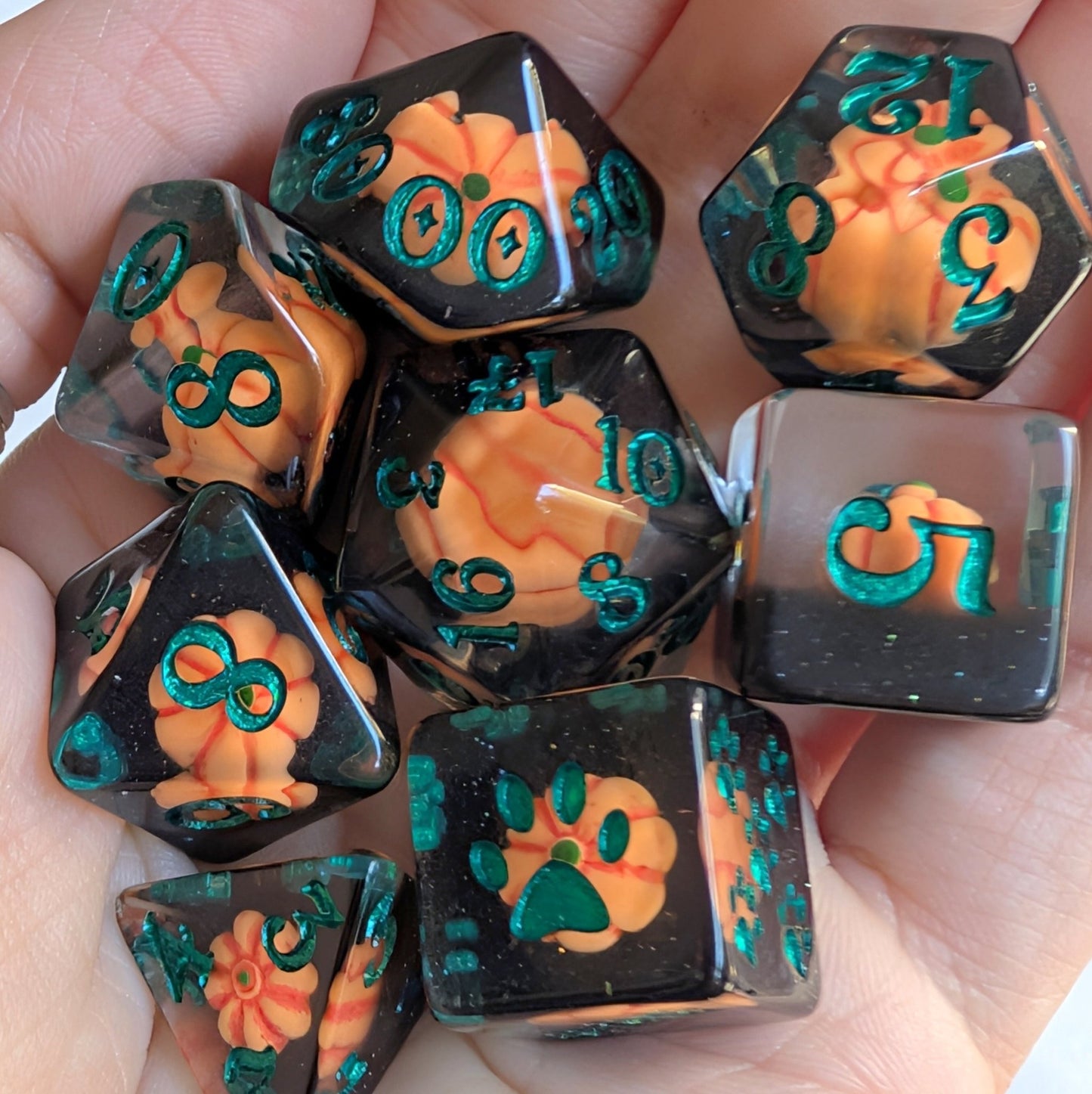 Pumpkin Inclusion DnD Dice Set – 8-Piece Black & Green with Pumpkins | Fennek & Finch Fennek and Finch