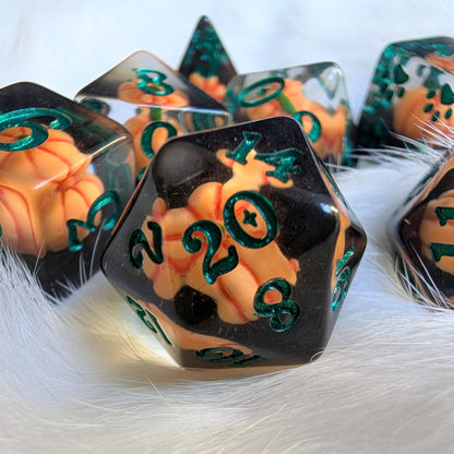 Pumpkin Inclusion DnD Dice Set – 8-Piece Black & Green with Pumpkins | Fennek & Finch Fennek and Finch