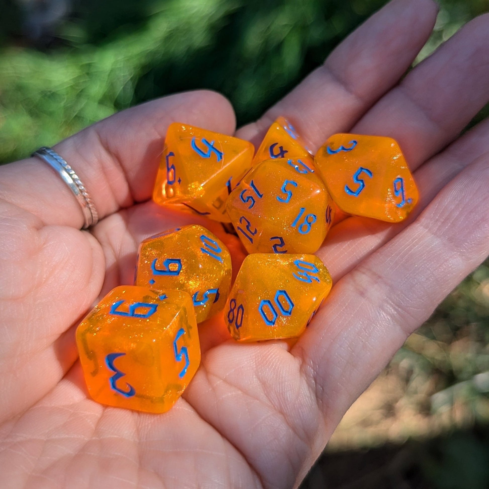 Pumpkin Orange Will O Wisp Dice Set – 7-Piece Glitter Blue Font TTRPG Dice Dice Sets & Games Fennek and Finch
