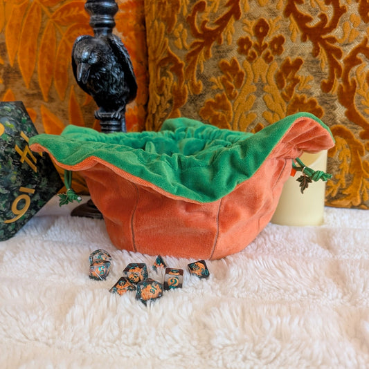 Pumpkin Plush Dice Bag – Cozy Orange & Green Drawstring Pouch for DnD, Halloween & Tabletop Gaming - Fennek and Finch