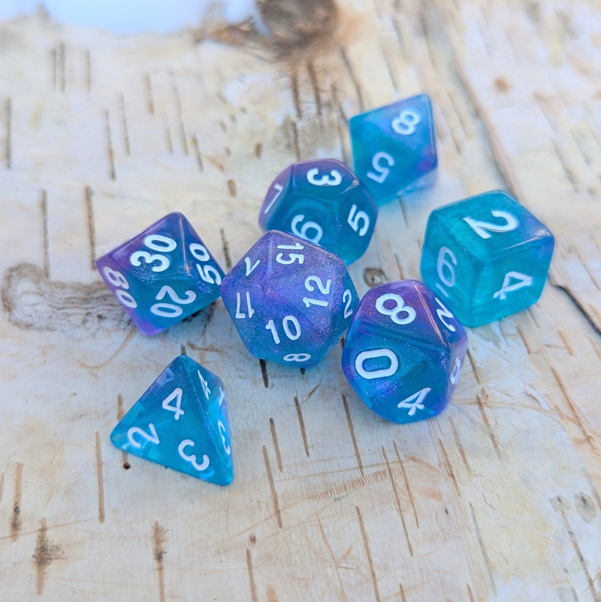 Purple Blue Will O Wisp Dice Set – 7-Piece Ghostly Light DnD Dice Dice Sets & Games Fennek and Finch