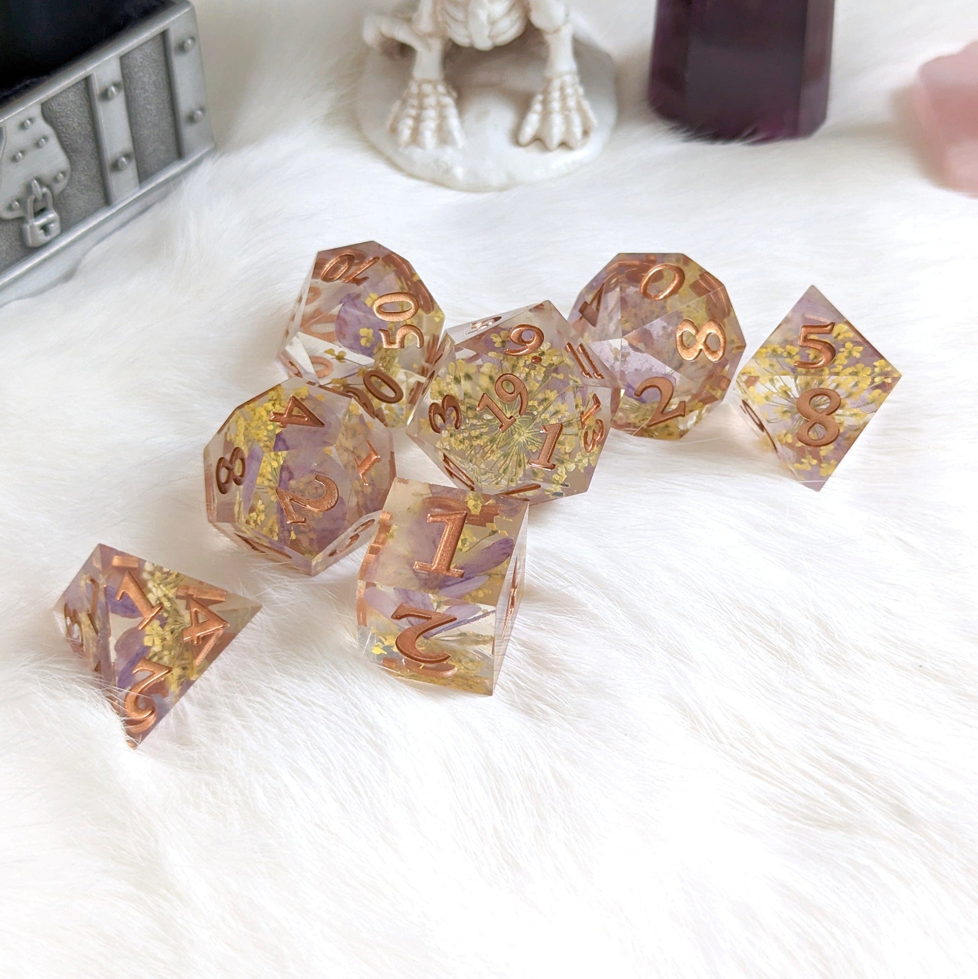 Purple Butterfly and Yellow Flower DnD Dice Set