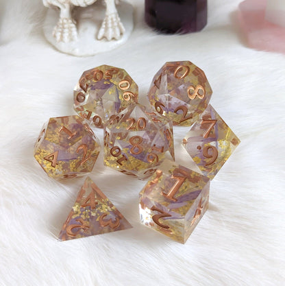 Purple Butterfly Yellow Flower Dice Set – 7 - Piece Nature DnD Dice - Fennek and Finch