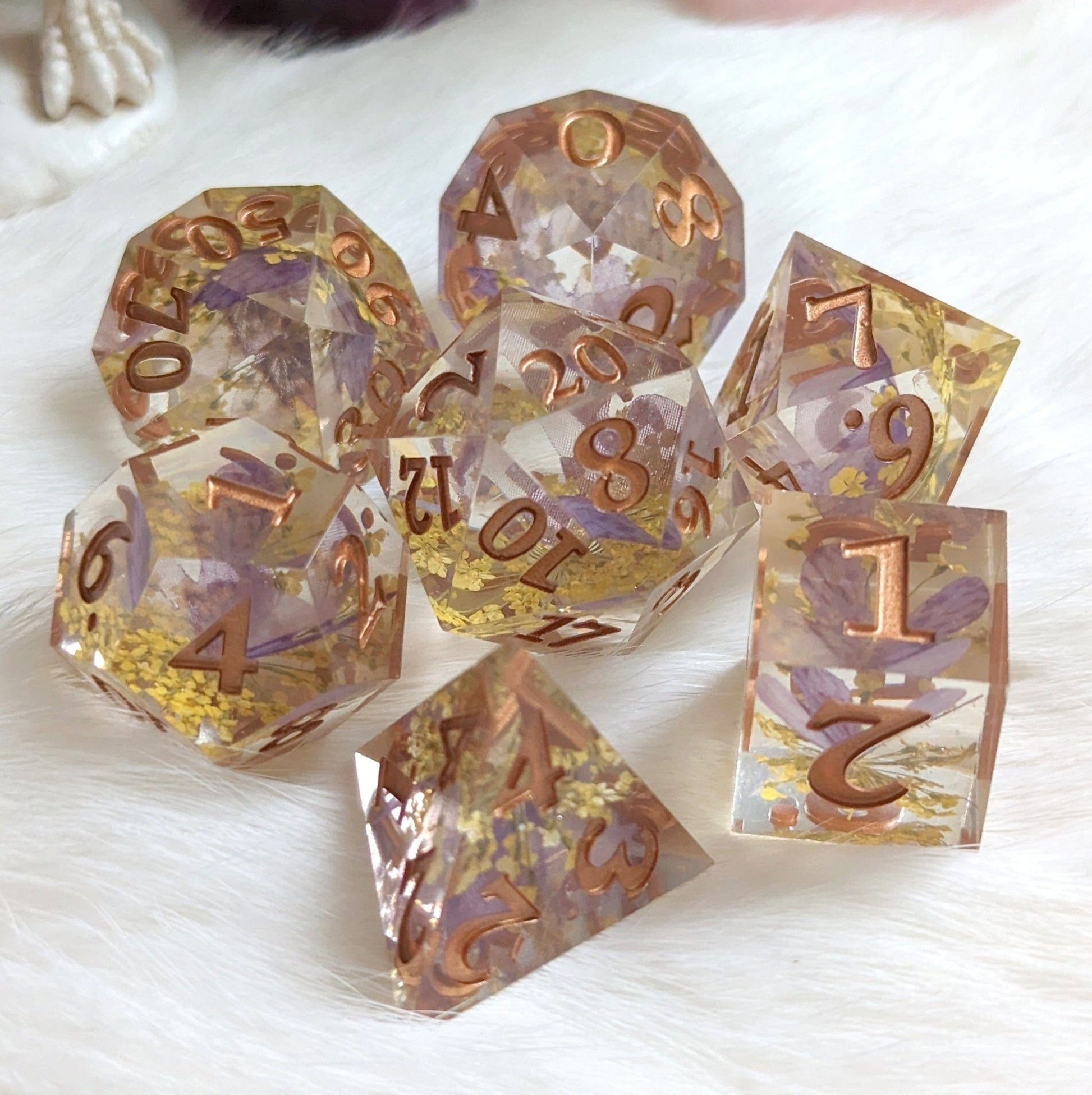 Purple Butterfly Yellow Flower Dice Set – 7 - Piece Nature DnD Dice - Fennek and Finch