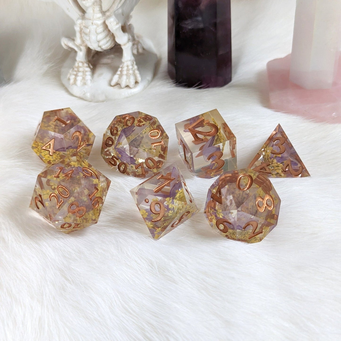 Purple Butterfly Yellow Flower Dice Set – 7 - Piece Nature DnD Dice - Fennek and Finch