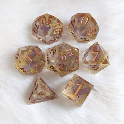 Purple Butterfly Yellow Flower Dice Set – 7 - Piece Nature DnD Dice - Fennek and Finch