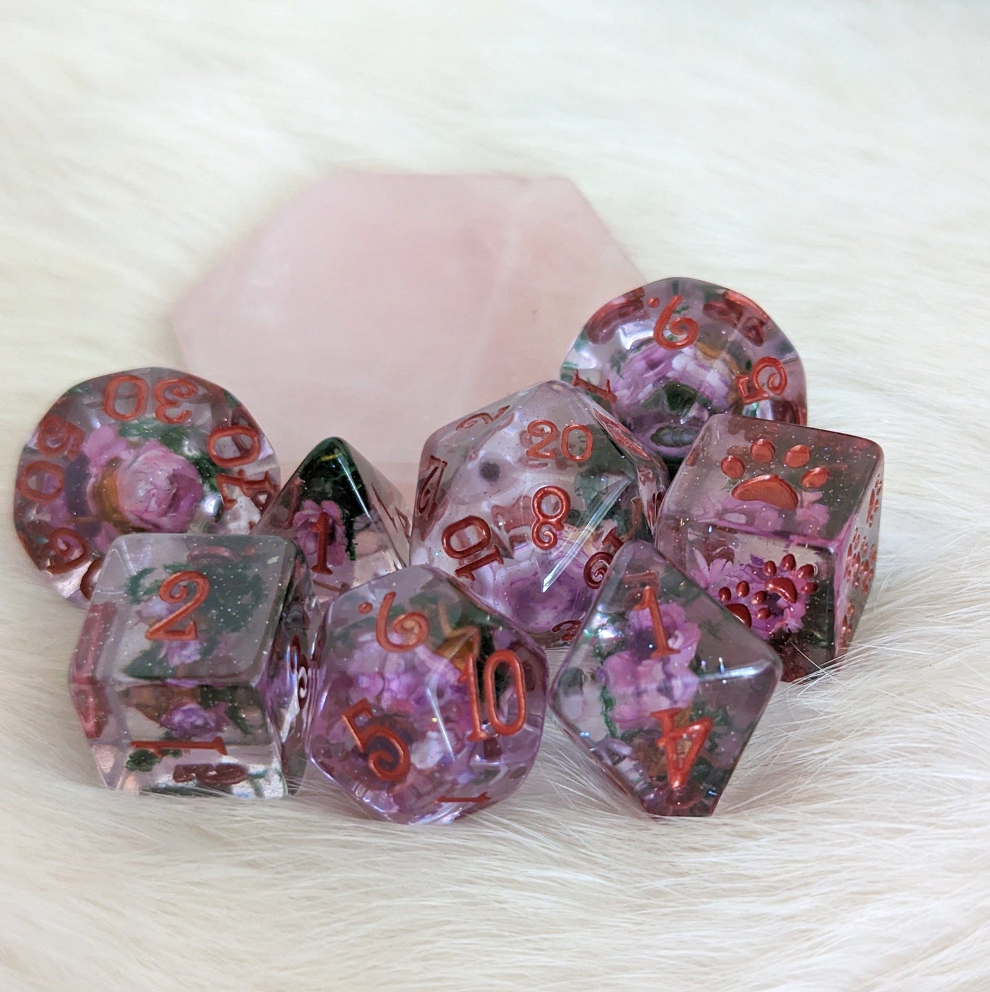 Purple Flowers and Moss Dice Set