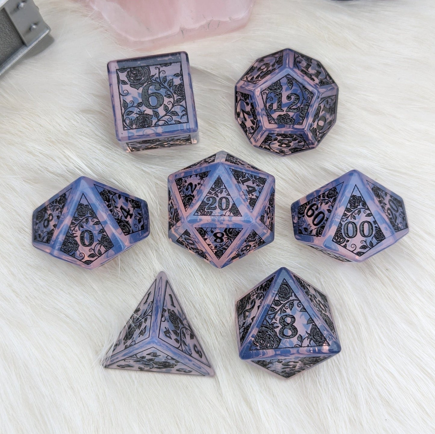 Purple Opalite Rose Dice Set – Engraved Gemstone DnD Dice with Black Font | Fennek & Finch - Fennek and Finch