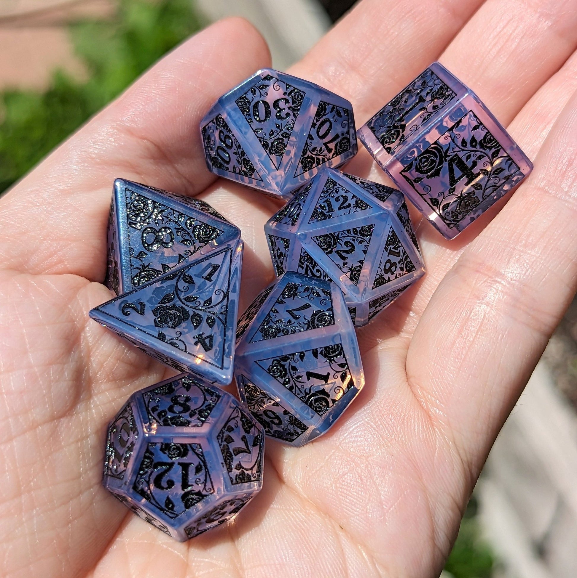 Purple Opalite Rose Dice Set – Engraved Gemstone DnD Dice with Black Font | Fennek & Finch - Fennek and Finch