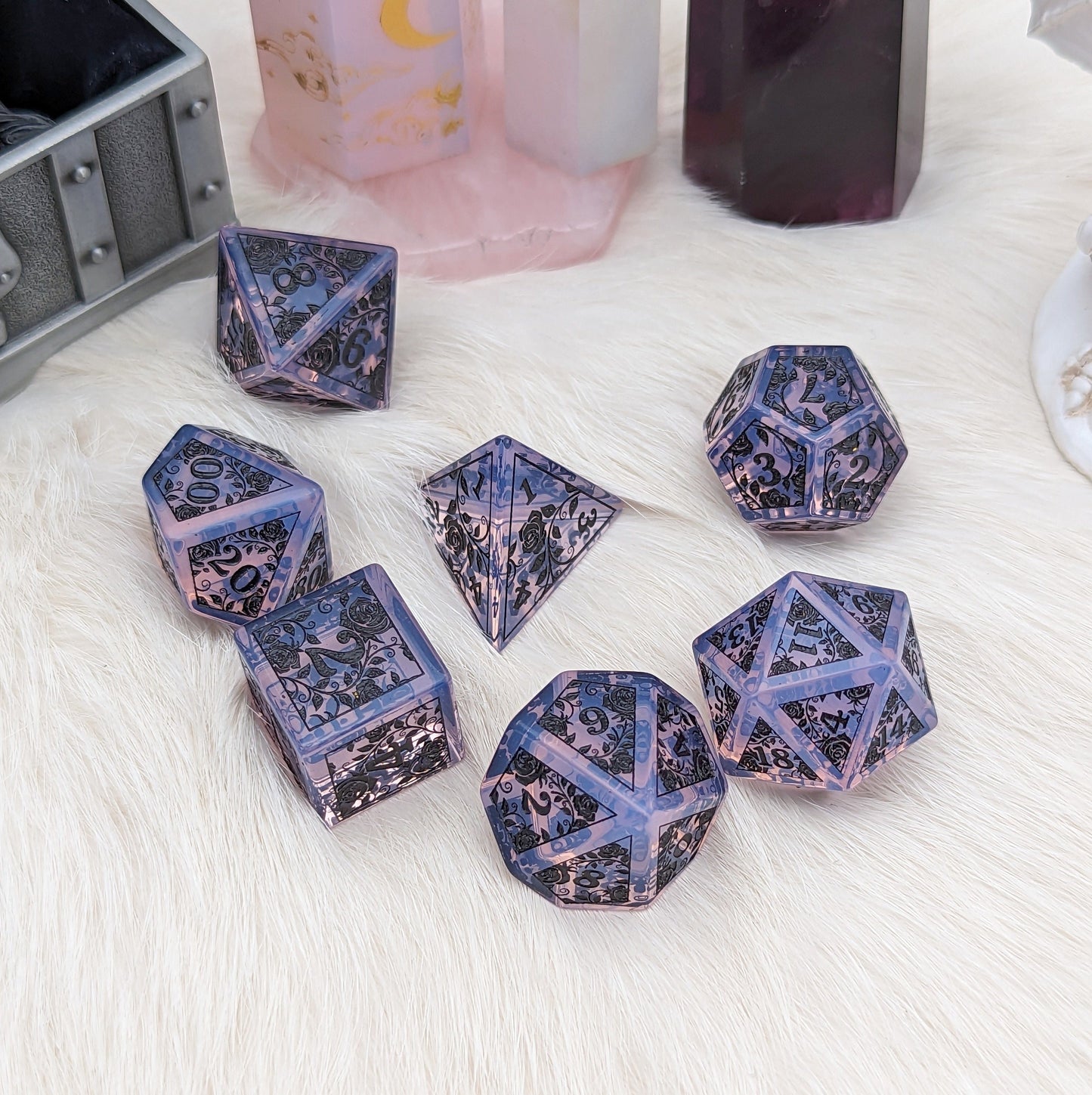 Purple Opalite Rose Dice Set. Rose Engraved Gemstone Dice