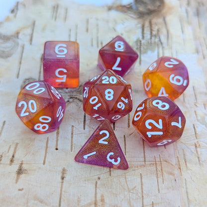 Purple Orange Will O Wisp Dice Set – 7 - Piece Acrylic Shimmer Glitter DnD Dice - Fennek and Finch