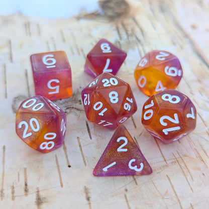 Purple Orange Will O Wisp Dice Set – 7 - Piece Acrylic Shimmer Glitter DnD Dice - Fennek and Finch