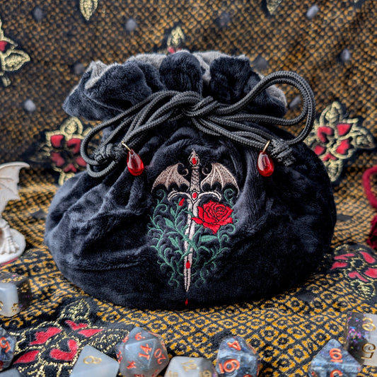 Vampire Plush Dice Bag – Black & Dark Grey Embroidered Drawstring Pouch