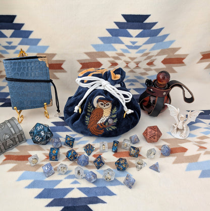 Owl Plush Dice Bag – Navy Blue & Auburn Embroidered Drawstring Pouch