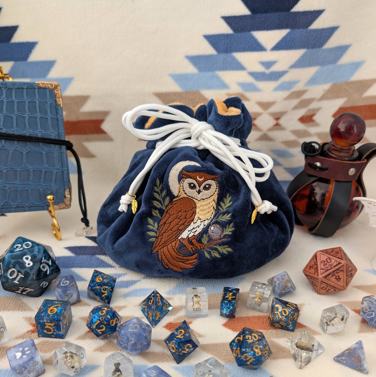 Owl Plush Dice Bag – Navy Blue & Auburn Embroidered Drawstring Pouch