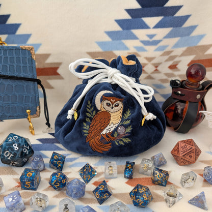 Owl Plush Dice Bag – Navy Blue & Auburn Embroidered Drawstring Pouch