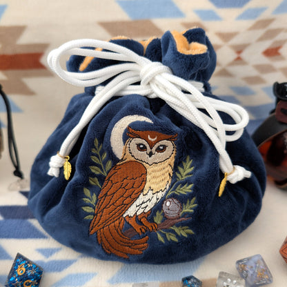 Owl Plush Dice Bag – Navy Blue & Auburn Embroidered Drawstring Pouch