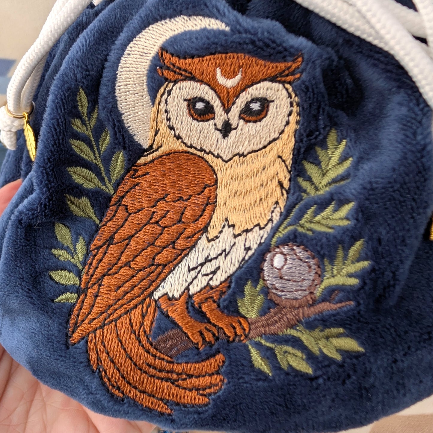 Owl Plush Dice Bag – Navy Blue & Auburn Embroidered Drawstring Pouch