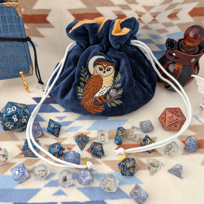 Owl Plush Dice Bag – Navy Blue & Auburn Embroidered Drawstring Pouch