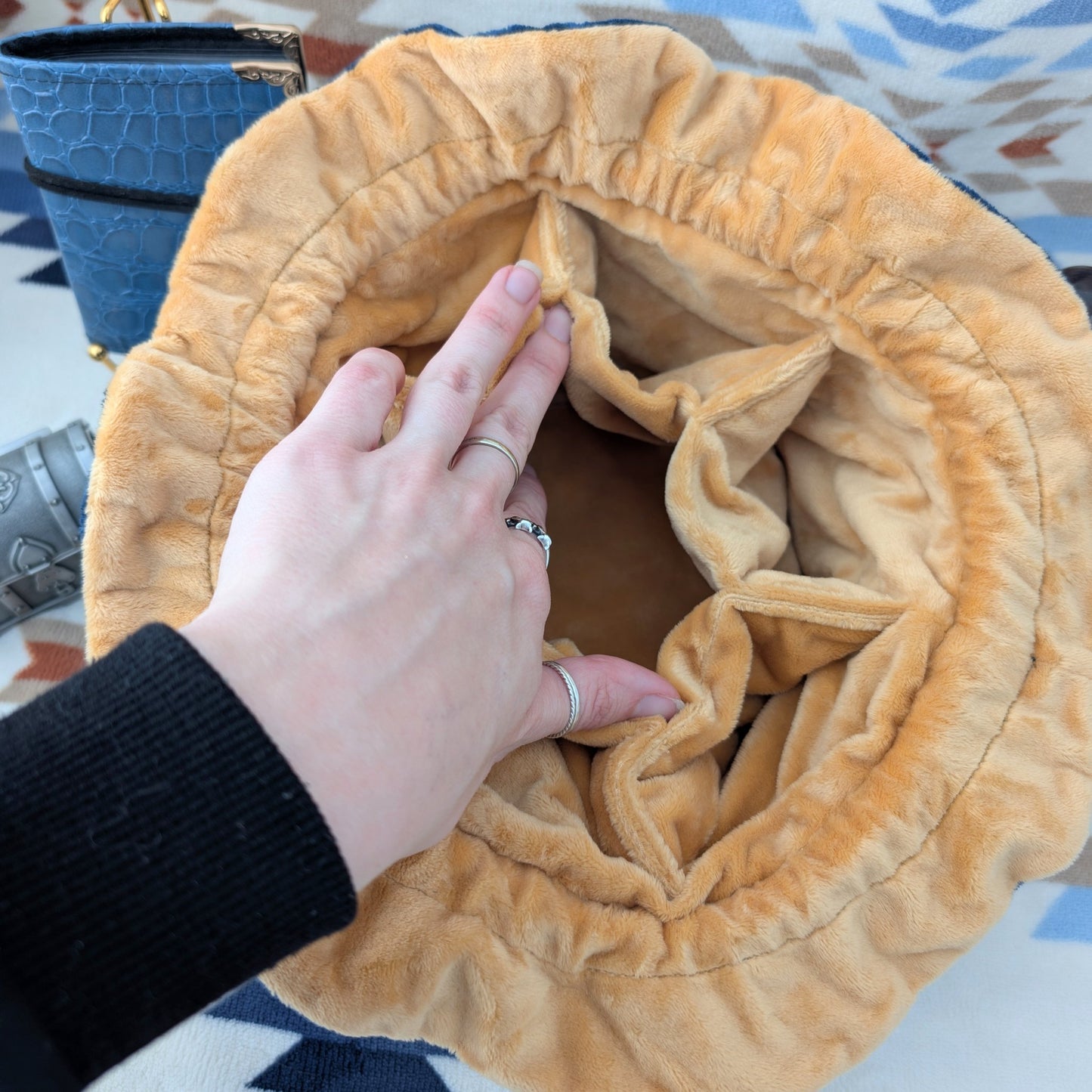 Owl Plush Dice Bag – Navy Blue & Auburn Embroidered Drawstring Pouch