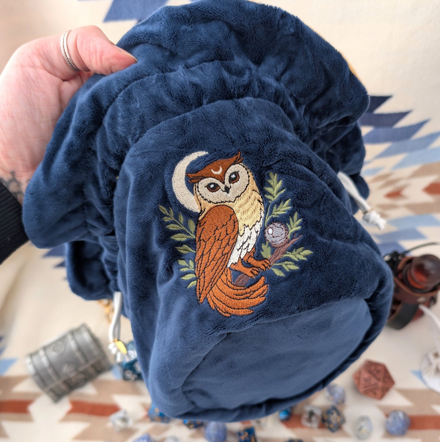 Owl Plush Dice Bag – Navy Blue & Auburn Embroidered Drawstring Pouch
