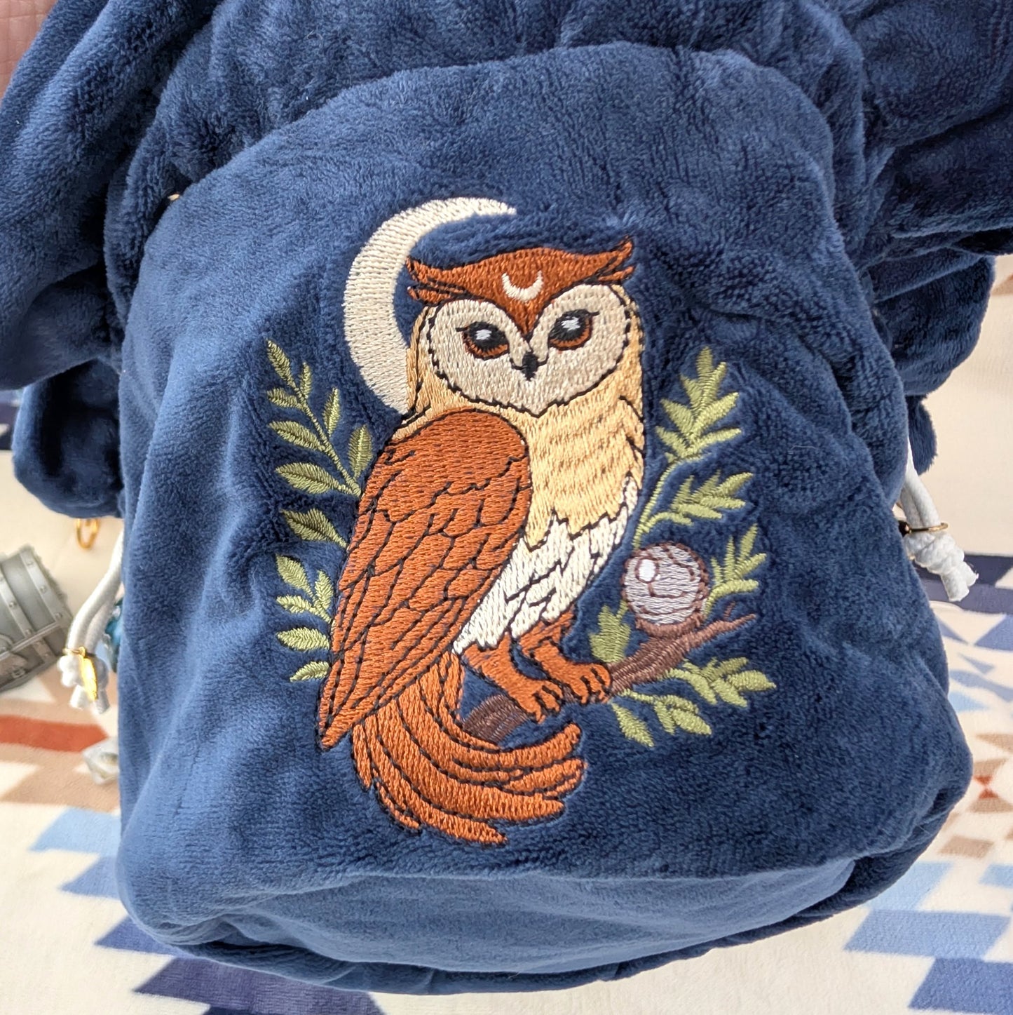 Owl Plush Dice Bag – Navy Blue & Auburn Embroidered Drawstring Pouch