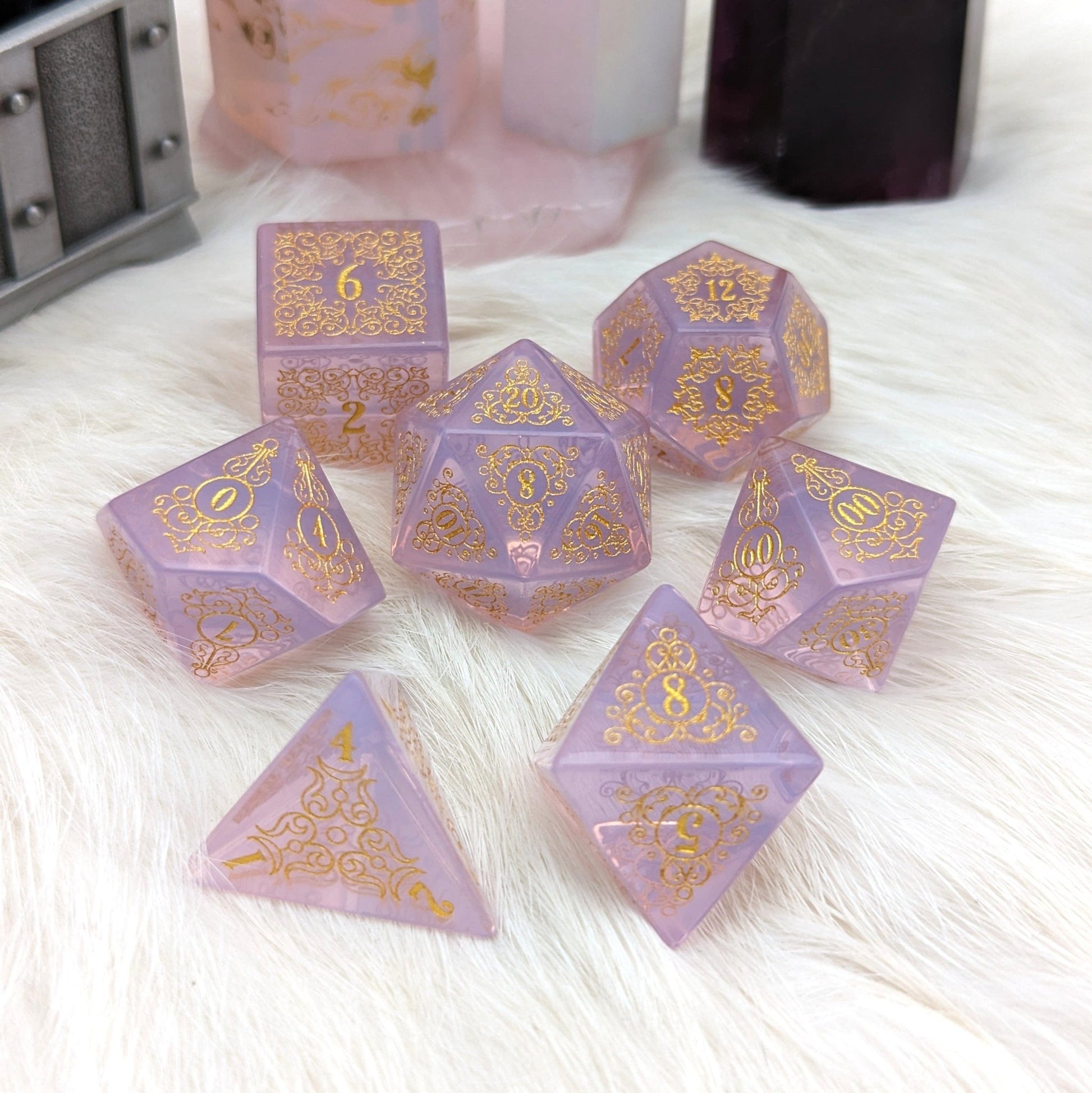 Quartz of Roses Dice Set – Rose Quartz Engraved Gemstone DnD Dice with Gold Font | Fennek & Finch - Fennek and Finch
