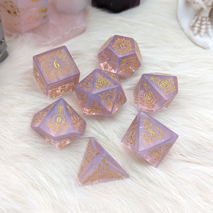 Quartz of Roses Dice Set – Rose Quartz Engraved Gemstone DnD Dice with Gold Font | Fennek & Finch - Fennek and Finch