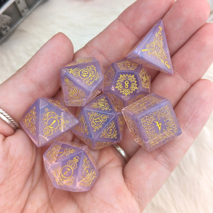 Quartz of Roses Dice Set – Rose Quartz Engraved Gemstone DnD Dice with Gold Font | Fennek & Finch - Fennek and Finch