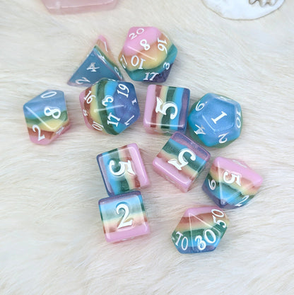 Rainbow Candy, a pastel rainbow stripe DND dice set