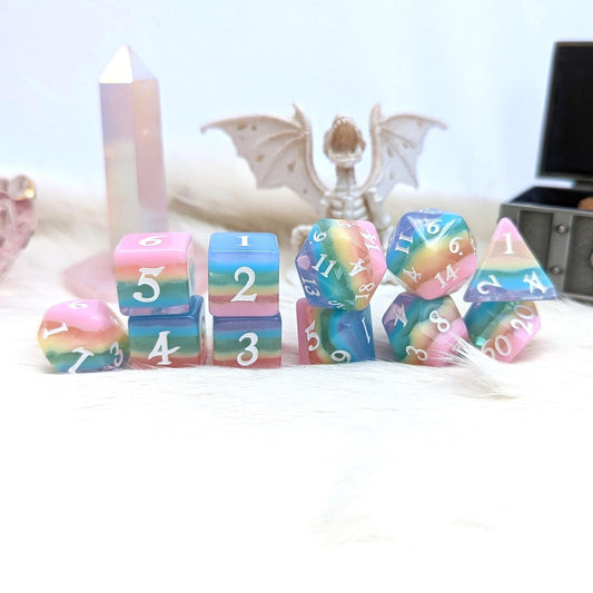 Rainbow Candy Dice Set – 11 - Piece Pastel Layered DnD Dice | Fennek & Finch - Fennek and Finch