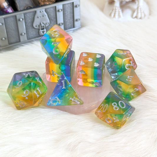Rainbow Heart Dice Set – 8 or 12 - Piece Translucent Rainbow DnD Dice with Heart D6 | Fennek & Finch - Fennek and Finch