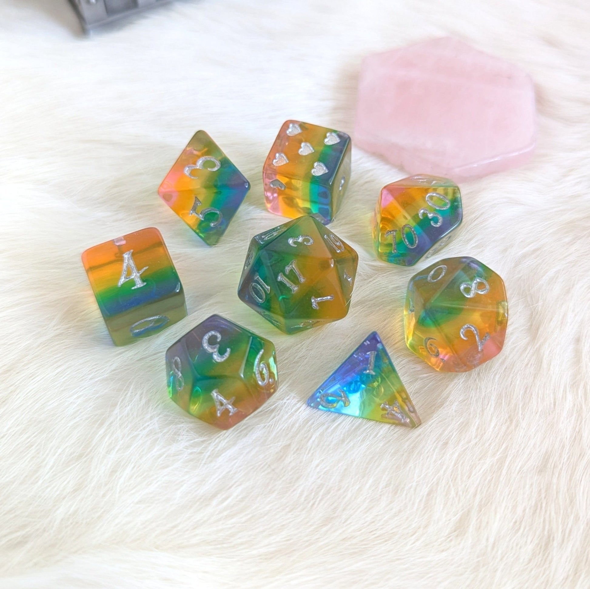 Rainbow Heart Dice Set – 8 or 12 - Piece Translucent Rainbow DnD Dice with Heart D6 | Fennek & Finch - Fennek and Finch