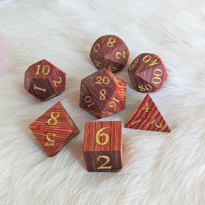 Red and Brown Stripe Wood Dice Set – 7 - Piece Layered Wooden DnD Dice | Fennek & Finch - Fennek and Finch